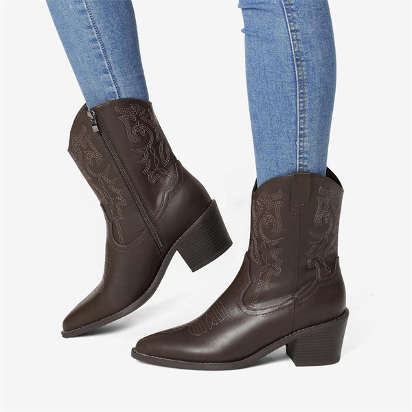 Western Chunky Heel Cowboy Ankle Boots - DARK BROWN - 1